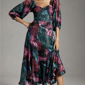 Anthropologie Hutch Printed Twist-Front Puff Sleeve Ruffle Hem Dress